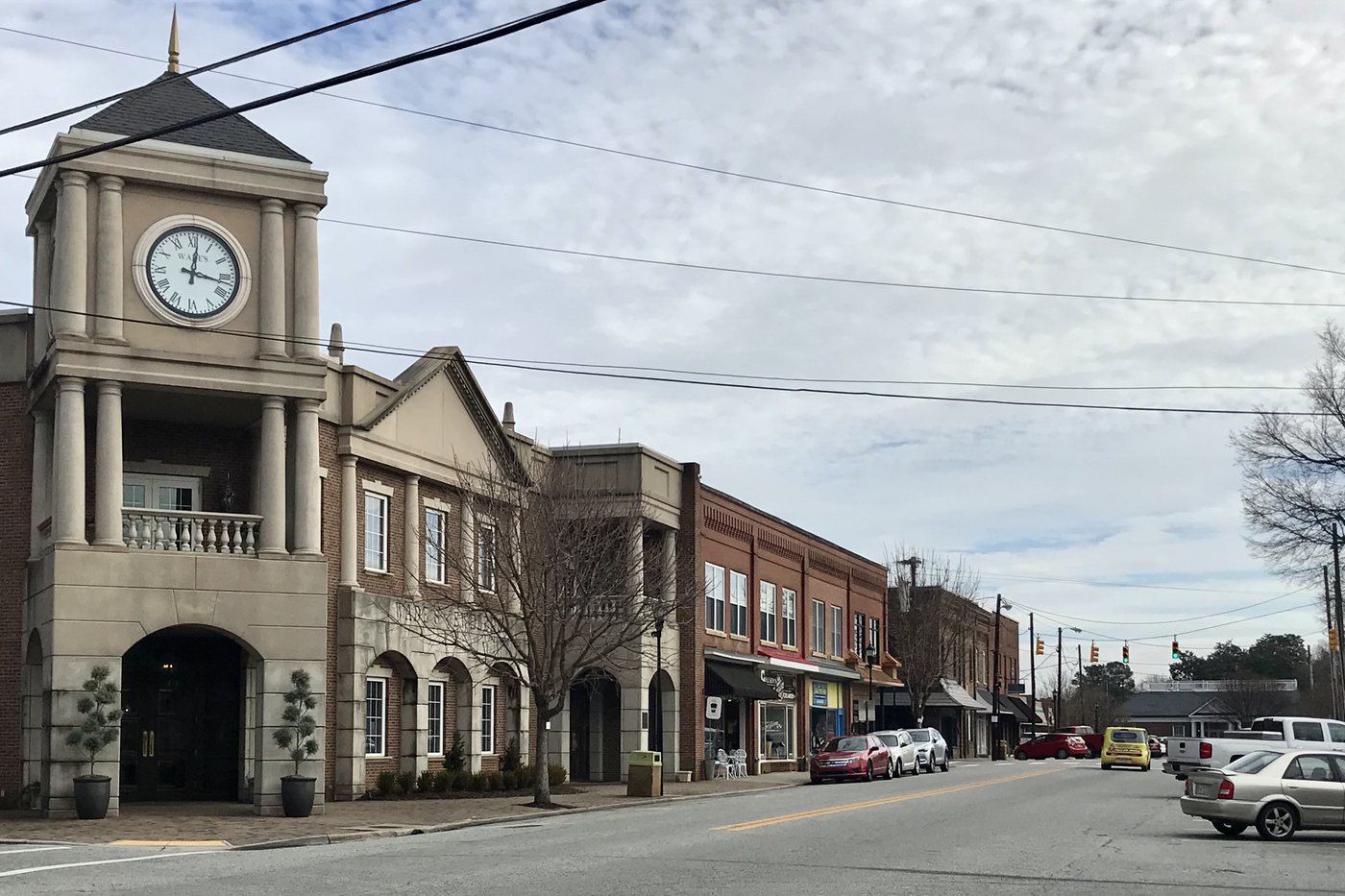 Main Street in Gibsonville, with the clock tower